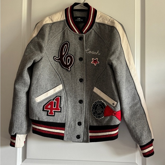 Coach Gray Metallic Patch Wool Varsity Jacket
with Red and White Details - Picture 11 of 14